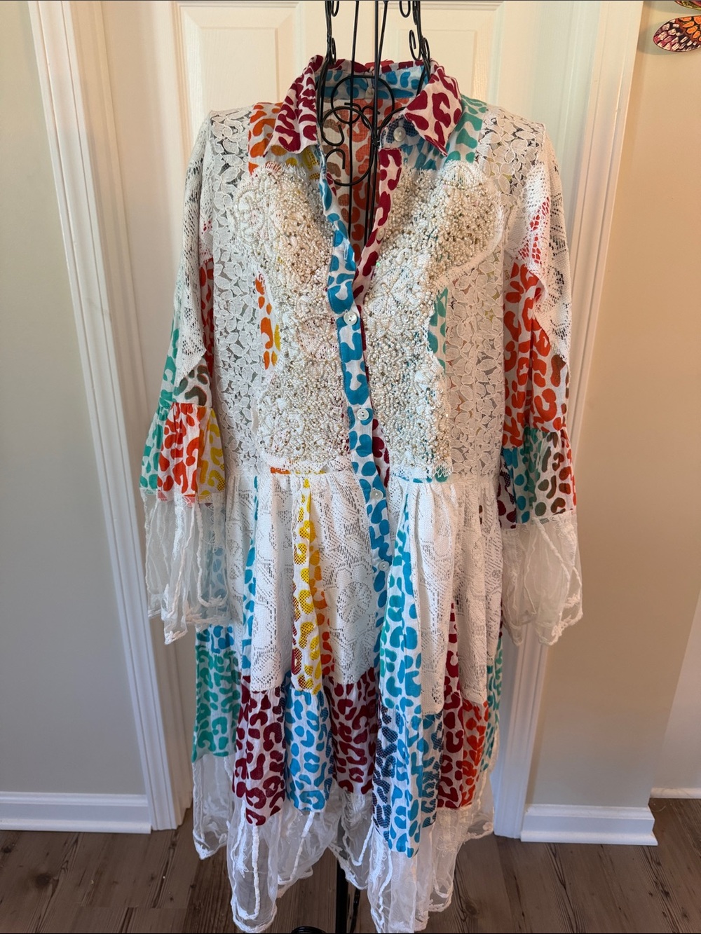 Boho Lace Long Sleeve Dress with Multicolor Leopard Panels
